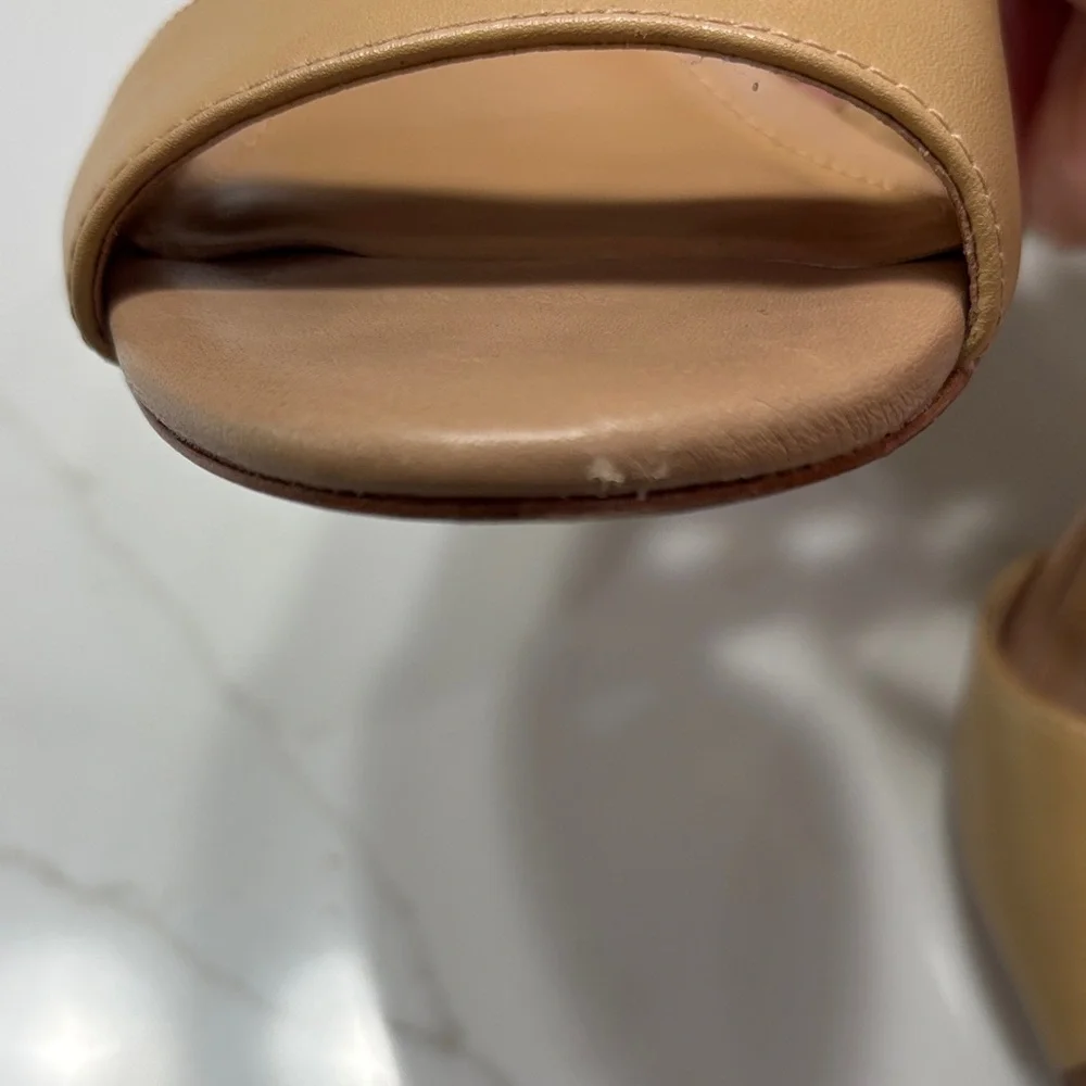 ANTONIO MELANI Tan Block Heel Sandals with Ankle Strap and Buckle